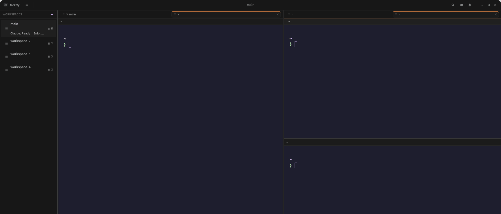 ForkTTY on Linux showing a workspace sidebar, pane tabs, and four tiled terminal panes with the focused pane outlined in orange.