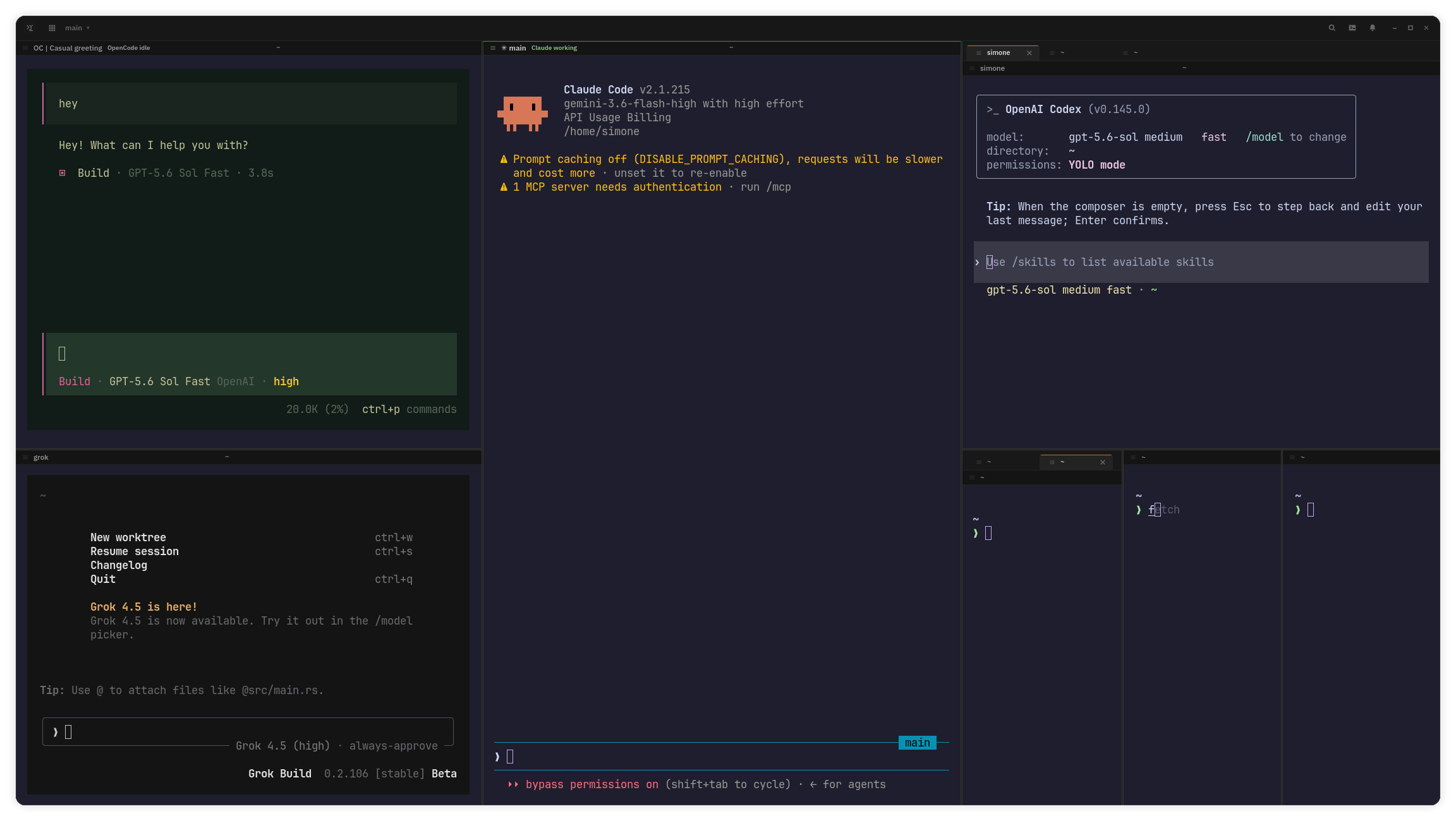 ForkTTY workspace running several coding agents across split terminal panes